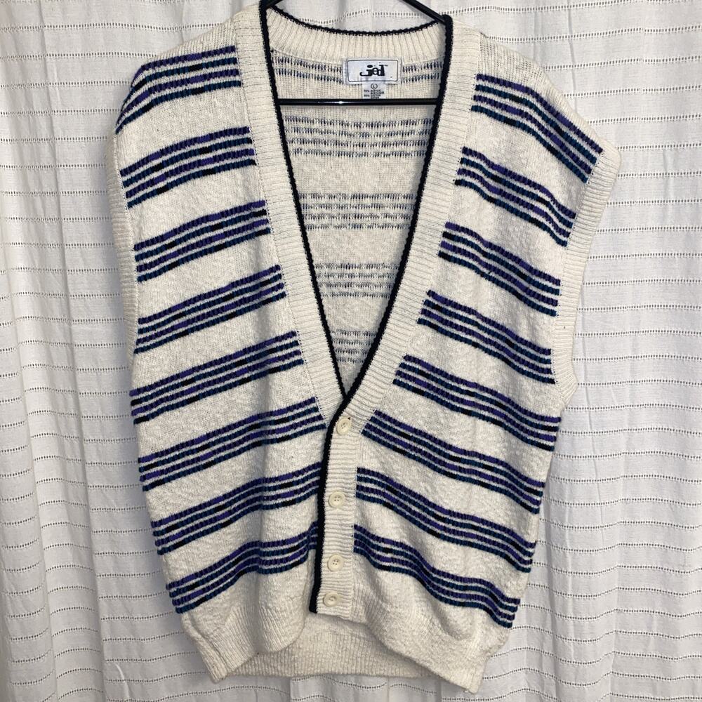 Vintage Jed Men’s Vest Button Up Large Striped Ivory Blue Purple